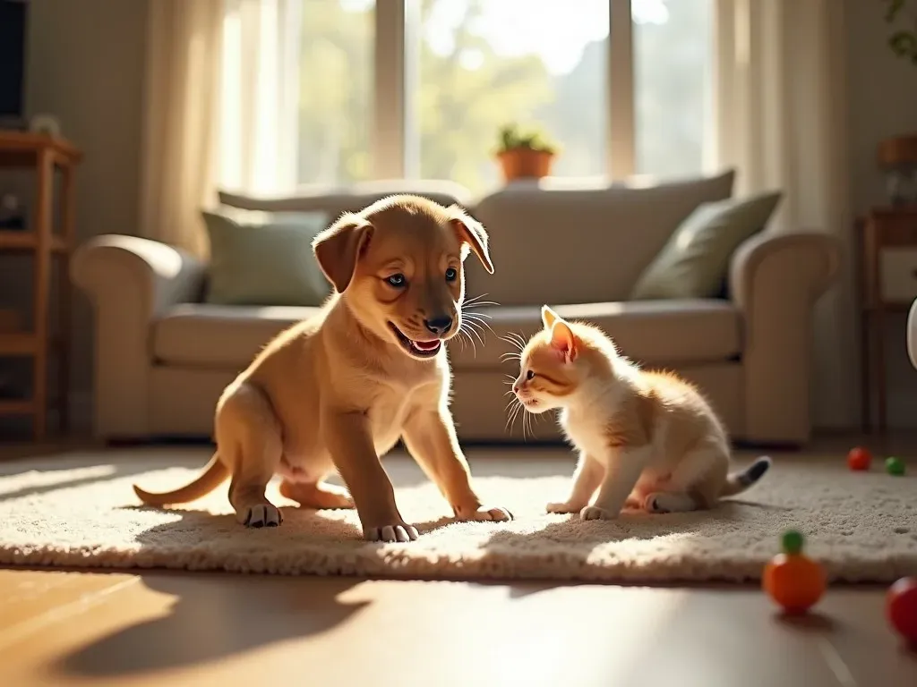 家で遊ぶ子犬と子猫