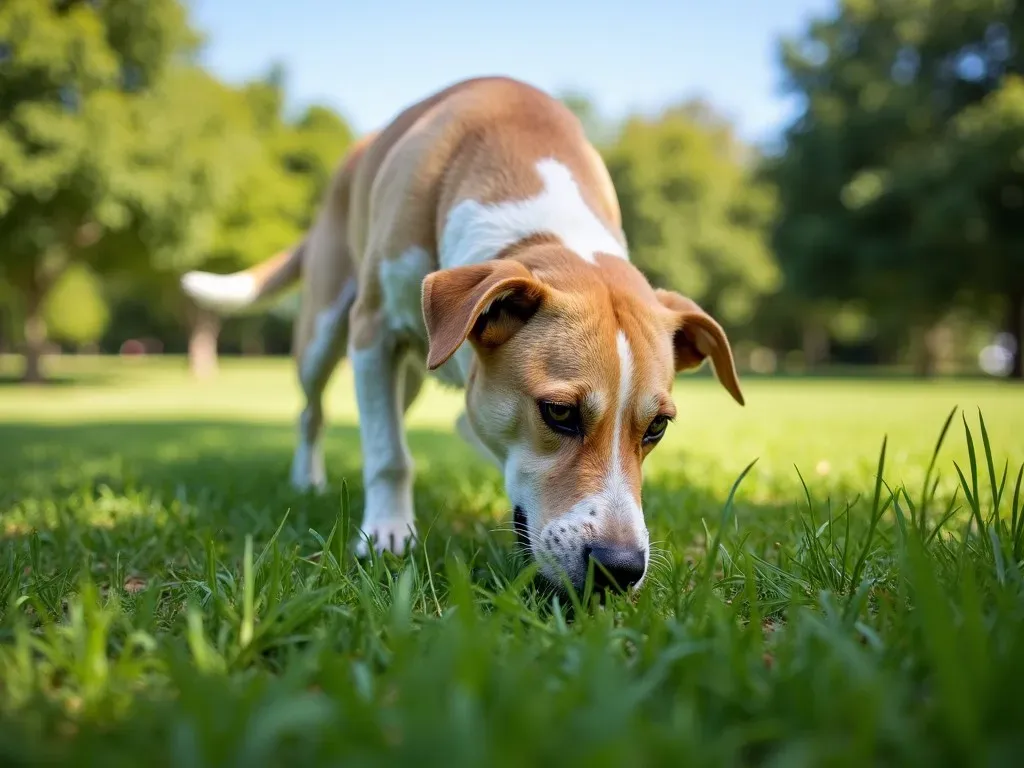 犬が草を食べる