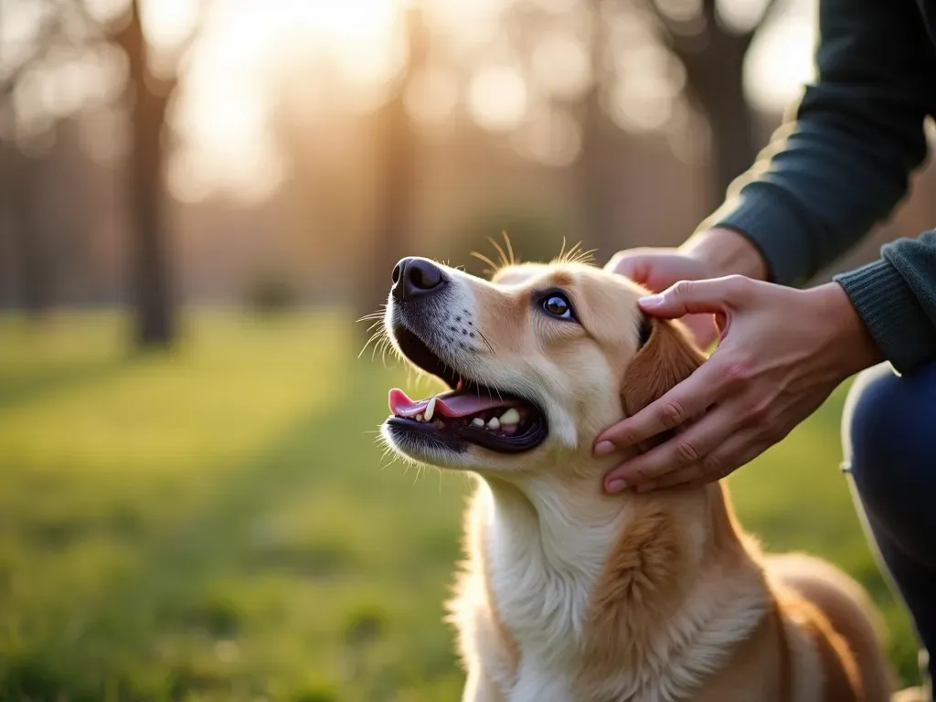 犬の頭を撫でる